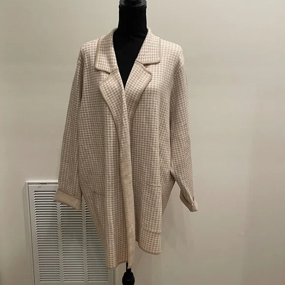 FORTUNE IVY Houndstooth Knit Open Front Cardigan Jacket Blazer 3X Beige - Picture 1 of 8
